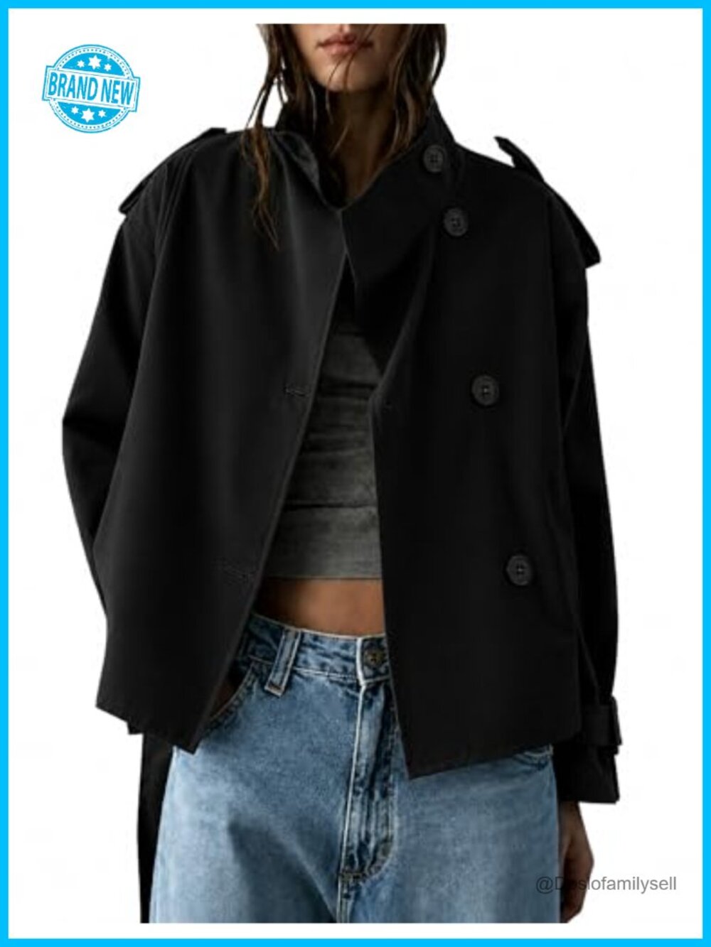 Cropped Trench Coat Women Belted Stand Collar Cotton Blend Jacket
